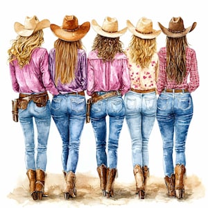 30 cliparts JPG amis cow-girl JPEG, femmes occidentales en jeans, téléchargement numérique filles rodéo, Illustration de la campagne rustique