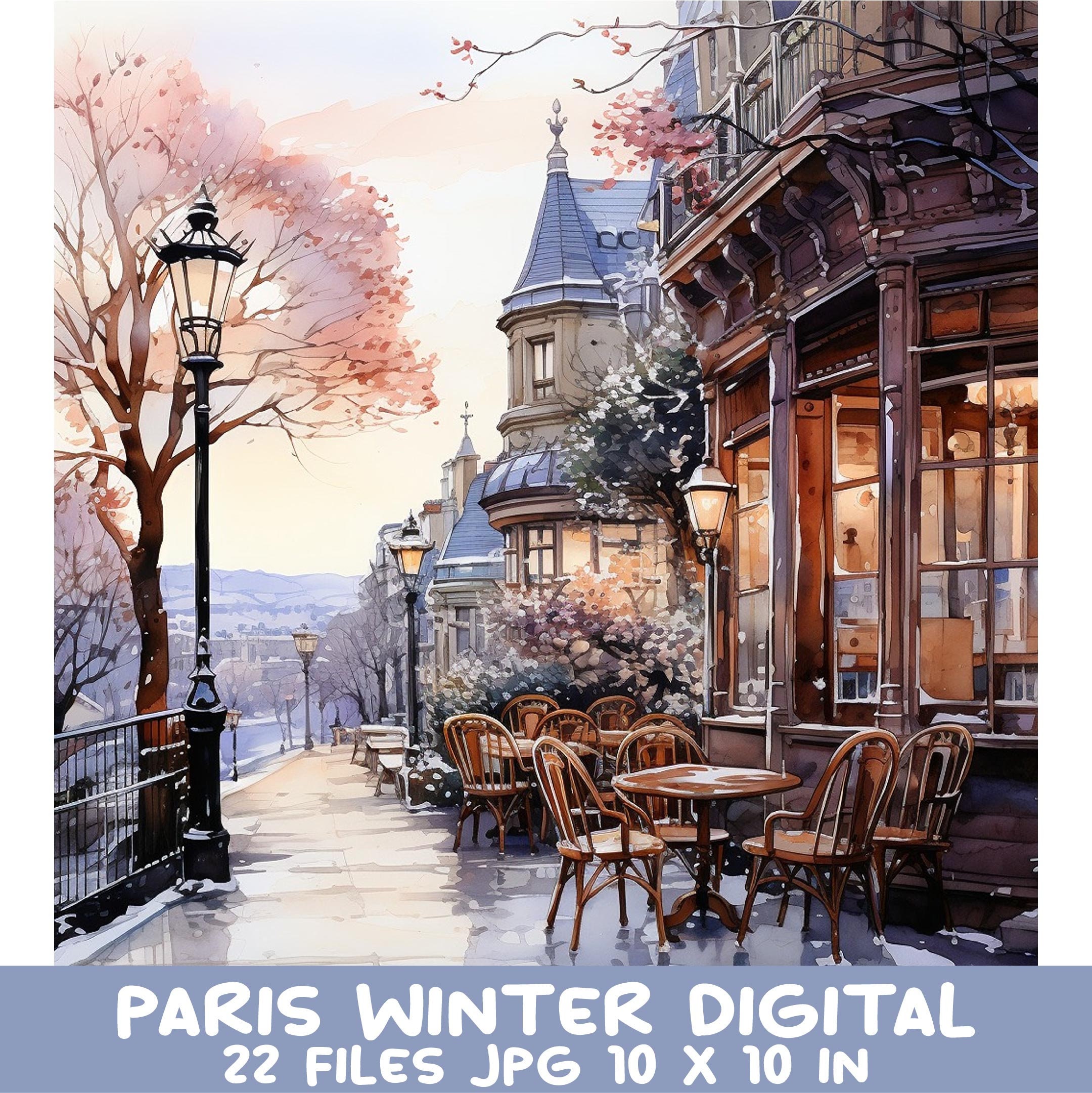 Paris Winter Digital Art Set - Vintage Winter Scene With