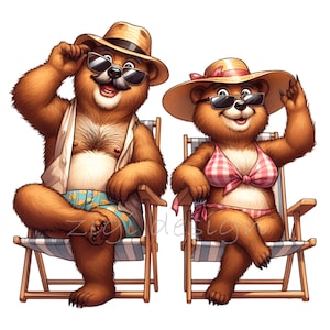 10 uroczych plażowych niedźwiedzi PNG Clipart do pobrania cyfrowego – Letnie niedźwiedzie na wakacjach Sztuka – Ilustracja pary niedźwiedzi