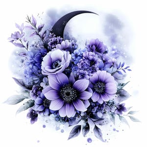48 JPEG Mond Blumen Clipart, lila Anemone Halbmond JPG, himmlische Blumen Digital Download