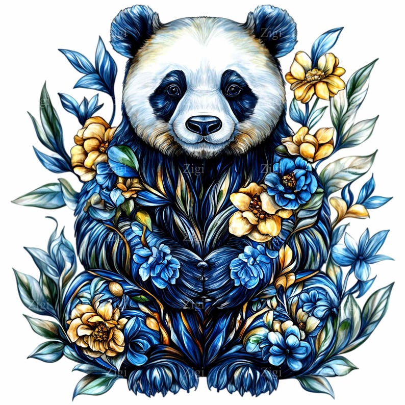 10 PNG Blue Floral Panda Bear Clipart, Watercolor Animal Illustration ...