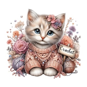 10 PNG chaton au crochet - Fil et fleurs PNG clipart - Jolie illustration de chat pour les créateurs, art mural, autocollants, cartes et projets de bricolage