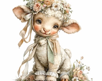 14 PNG Vintage Lamb Clipart, Floral Sheep Nursery