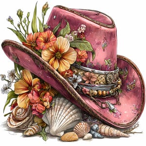 May include: A pink cowboy hat adorned with colorful flowers and a decorative band. The hat is surrounded by seashells and small stones, creating a whimsical, artistic composition. The hat's brim is slightly curved, and the overall design has a vintage aesthetic.