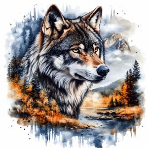 20 JPEG Majestic Wolf-clipart - Lone Wolf in Mountain Forest met rivier, Wildlife Art, Digital Nature Illustration, JPG