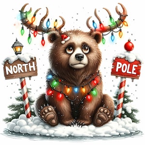 12 lumières d'ours de Noël JPEG - Images clipart JPG des fêtes - Art animalier festif amusant pour cartes, impressions pour enfants et projets de décoration d'hiver