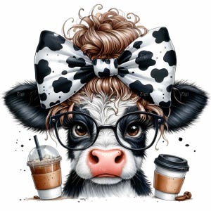 Clipart PNG di mucca carina con fiocco, bicchieri e tazze da caffè / 12 adorabili illustrazioni per gli amanti del caffè / Perfette per progetti digitali