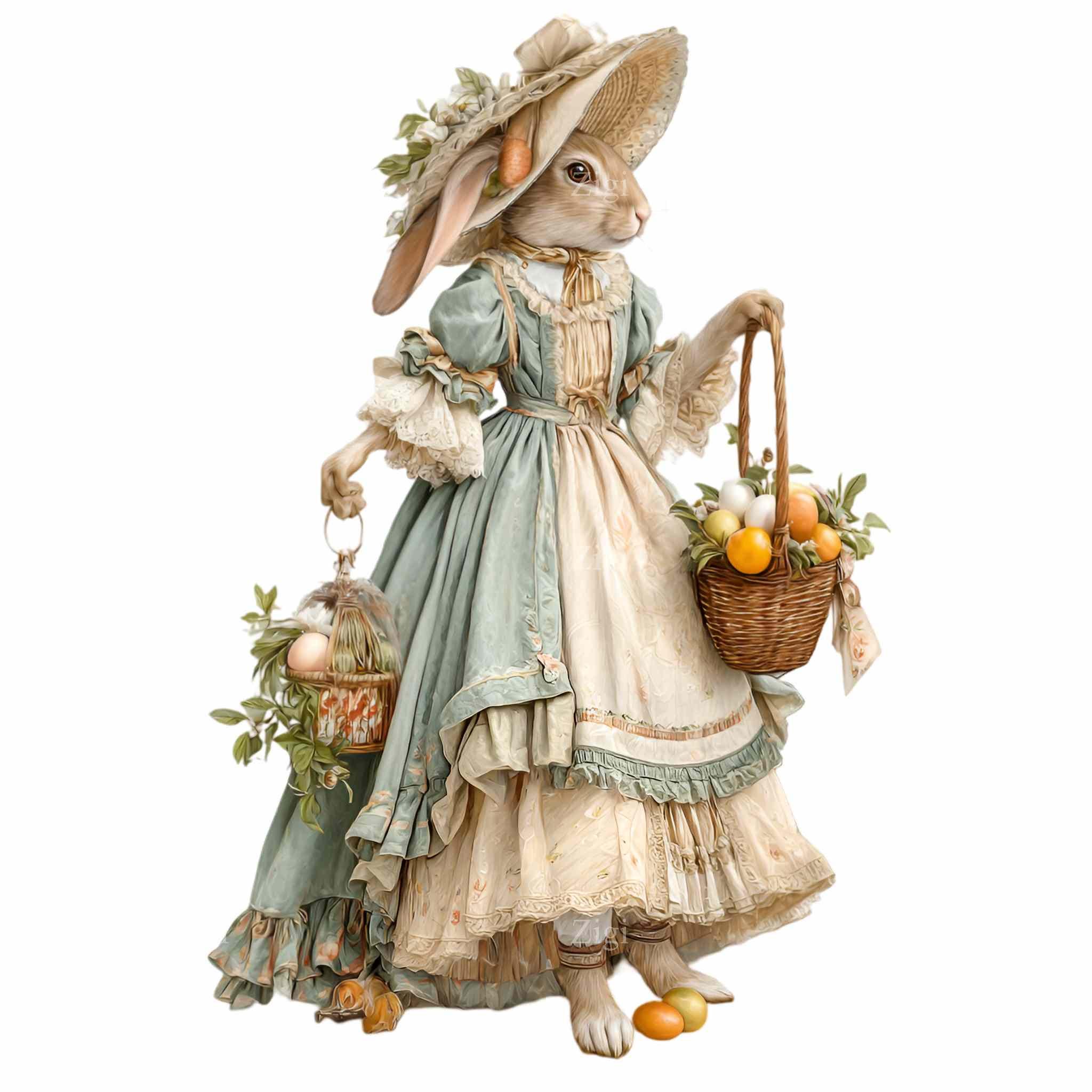 16 PNG Easter Rabbit Clipart , Vintage Bunny Illustration, Floral Dress ...