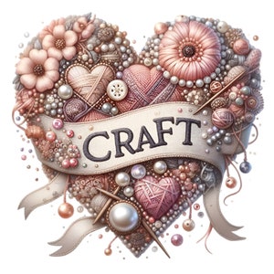 May include: A heart-shaped arrangement of craft supplies, including yarn, beads, buttons, and needles, with a banner that reads "CRAFT".