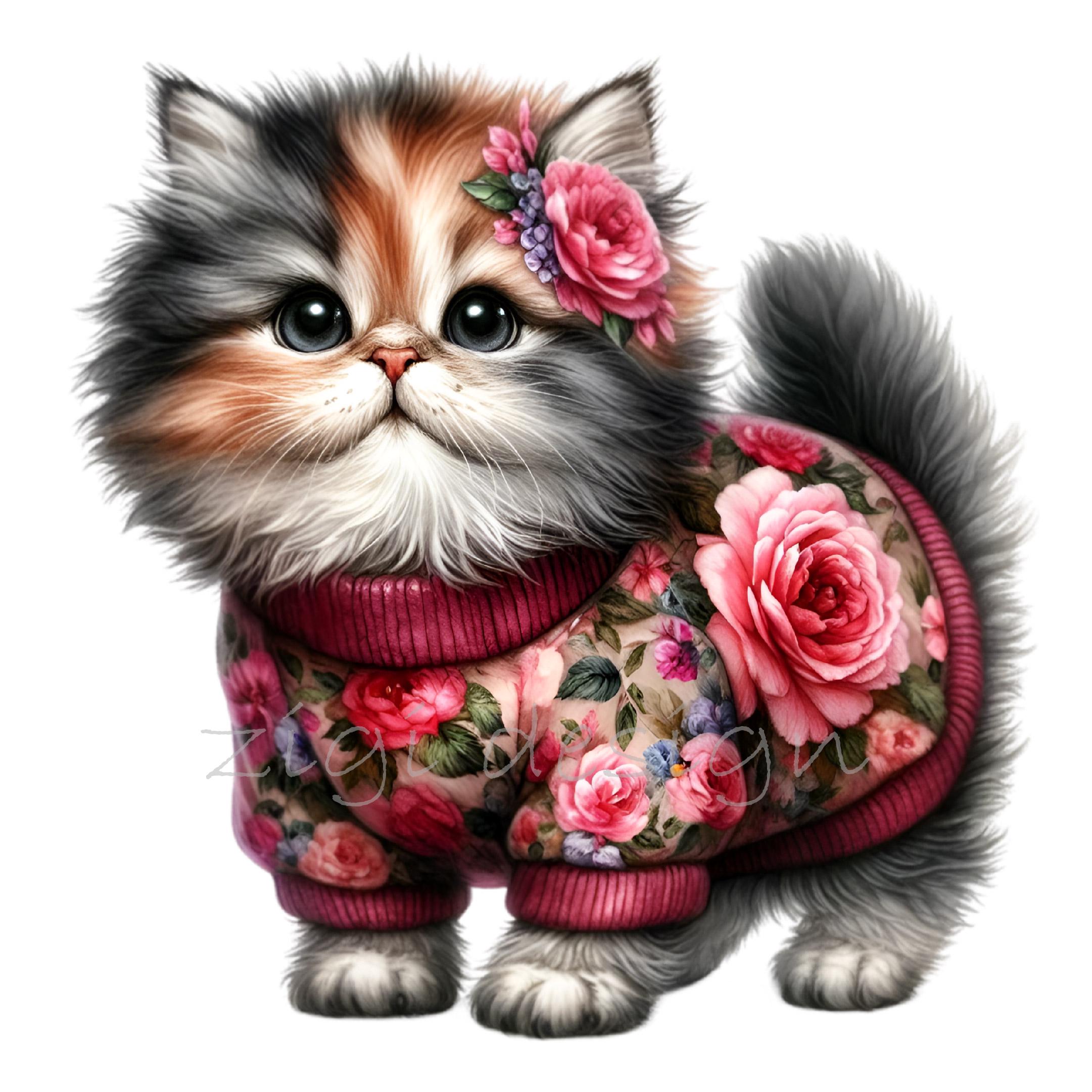 12 PNG Floral Cat Clipart – Whimsical Kitten Illustration With Colorful ...