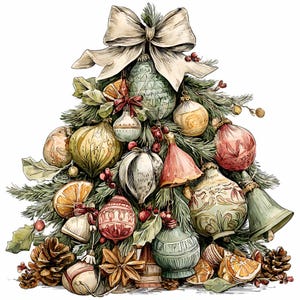 May include: A watercolor illustration of a Christmas tree decorated with various ornaments, including baubles, bells, and dried orange slices. A large cream-colored bow sits atop the tree. The ornaments are in shades of green, gold, and red.