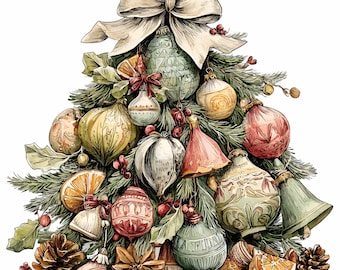 14 PNG Vintage Christmas tree PNG – Holiday tree with ornaments – Rustic clipart for cards, crafts, sublimation designs