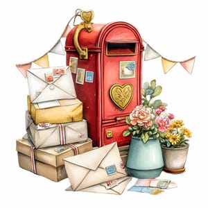 May include: Watercolor illustration of a red mailbox with a heart-shaped lock, surrounded by stacked packages, envelopes with stamps, and a vase of flowers. A banner of small flags hangs above the mailbox. The image has a vintage, romantic theme.