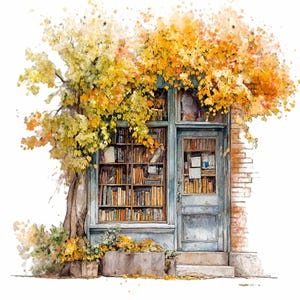 Könnte beinhalten: Aquarellillustration eines malerischen Buchladens mit blauer Tür und Fenster, gefüllt mit Büchern. Das Gebäude wird von einem Baum mit leuchtend gelben und orangefarbenen Herbstblättern umrahmt. Unter dem Fenster befindet sich ein Blumenkasten aus Holz mit Blumen.