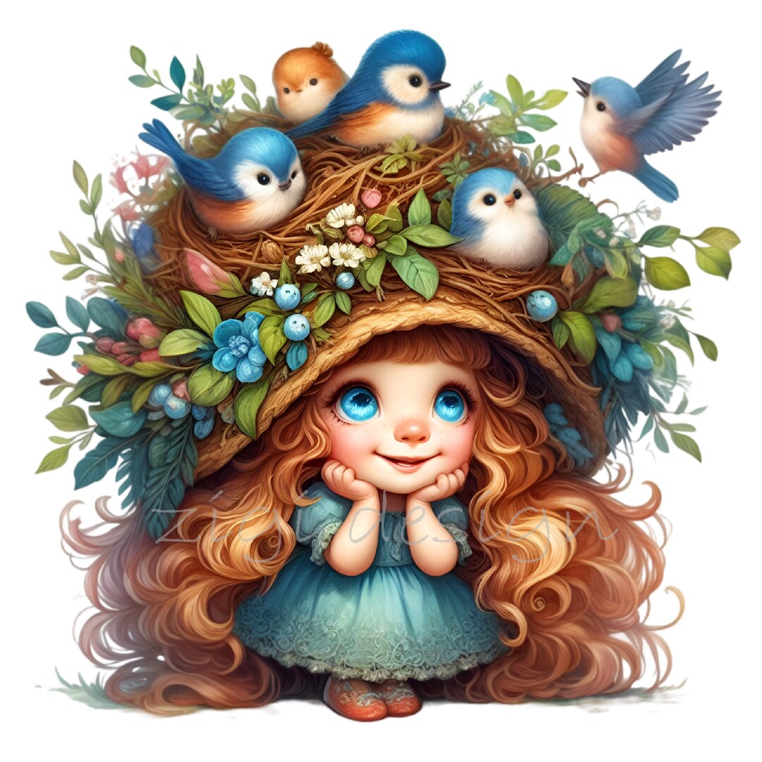 Blue Bird Nest Clipart, 10 PNG Fairy Spring, Easter Junk Journal, Card
