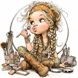 14 Images clipart fille tressée JPEG - Fille maquilleuse JPG - Personnage de dessin animé mignon pour travaux manuels, cartes, impressions, objets d'art pour chambre d'enfant