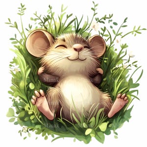 12 imágenes prediseñadas de ratón durmiendo: descarga digital de ratón relajado en el césped: ilustración artística de animales lindos