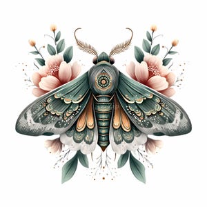 16 Green Jewel Moth Png Botanical Fantasy Insect Gold Ornate Wings Art image 2