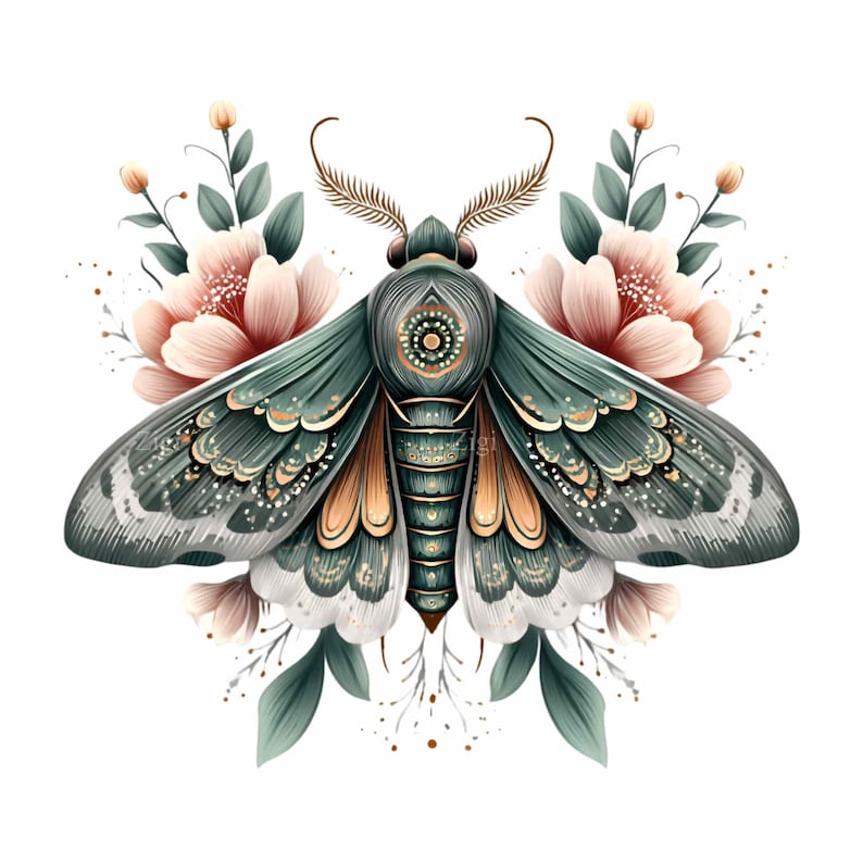 16 Green Jewel Moth Png Botanical Fantasy Insect Gold Ornate Wings Art image 2