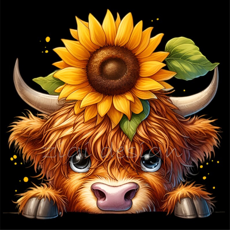 14 PNG Sunflower Highland Cow Clipart – Floral Farm Animal - Etsy