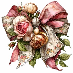 Könnte beinhalten: Vintage-Illustration einer Schleife und Rosen. Die Schleife ist in einem staubigen Rosaton gehalten, und die Rosen sind eine Mischung aus Rosa, Pfirsich und Creme. Der Stoff der Schleife hat ein Blumenmuster. Grüne Blätter und Rosenknospen sind ebenfalls vorhanden.
