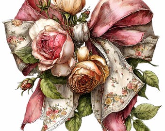 10 PNG Vintage Floral Bow Clipart – Rose Bouquet , Ribbon Art, Wedding Invitation Floral Graphic