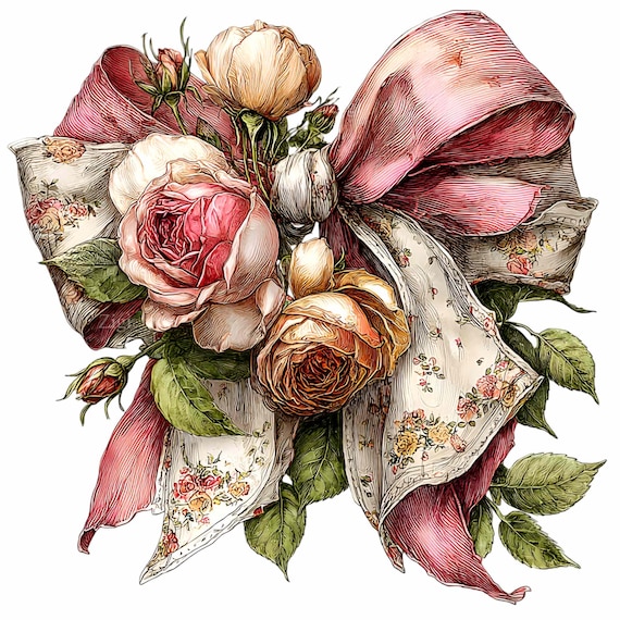 10 PNG Vintage Floral Bow Clipart – Rose Bouquet , Ribbon Art, Wedding Invitation Floral Graphic