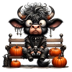 15 Clipart PNG di mucca gotica delle Highland, mucca di Halloween su panchina con zucche, download digitale di animali autunnali