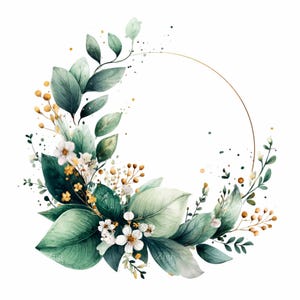 Peut inclure: Illustration à l'aquarelle d'une couronne florale. La conception présente de grandes feuilles vertes, de petites fleurs blanches et des accents jaunes, disposés autour d'un cadre circulaire doré. Le style est doux et artistique, avec un accent sur les éléments naturels.