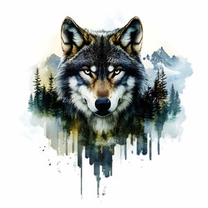 16 JPG Clipart de lobo majestoso com paisagem florestal, cabeça de lobo em aquarela JPEG, arte de animais selvagens, cena da natureza, download digital instantâneo