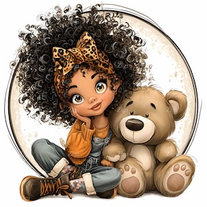 12 JPEG Menina cacheada com urso de pelúcia – Clipart JPG fofo – Arte infantil e de pelúcia para decoração de parede de berçário, cartões ou impressões