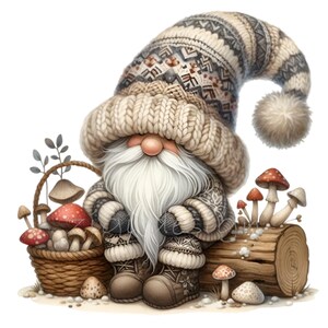 15 Gnomo della foresta di funghi PNG Clipart – Gnomo carino con cappello lavorato a maglia, cesto di funghi e tronco d'albero – Arte gnomo del bosco