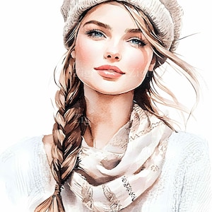 28 JPEG Winter Mädchen Clipart JPG, Stilvolle Frau mit Zopf in Hut und Schal, Mode Porträt Illustration für Drucke