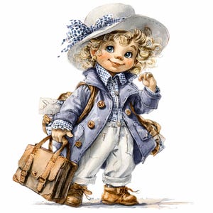 Op de afbeelding: Waterverfillustratie van een kind klaar om te reizen. Het kind draagt een witte hoed met een blauw patroonlint, een blauwe jas, een geruit overhemd, een witte broek en bruine laarzen. Een bruine tas en rugzak maken de look compleet.