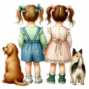 15 mascotas PNG – Niñas con perros PNG clipart – Ilustración infantil de vista posterior para arte infantil, pegatinas, tarjetas y proyectos de impresión
