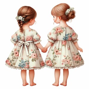 16 chicas cogidas de la mano PNG Clipart Descarga digital – Dos chicas jóvenes con vestidos florales a juego con trenza, moño y flores