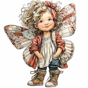 May include: A watercolor illustration of a young girl with curly blonde hair, wearing a red jacket, white dress, and blue jeans. She has butterfly wings with red and white patterns and is wearing brown boots. A pink bow adorns her hair.