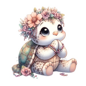 12 imágenes prediseñadas de tortugas florales PNG: linda ilustración PNG: arte cristiano para guarderías, manualidades de bautismo y diseños con temática de oración.