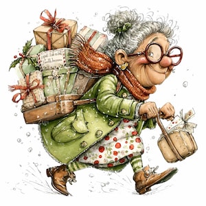 15 PNG Holiday shopping – Christmas grandma PNG clipart – Funny festive lady with gifts for cards, crafts, stickers, winter sublimation