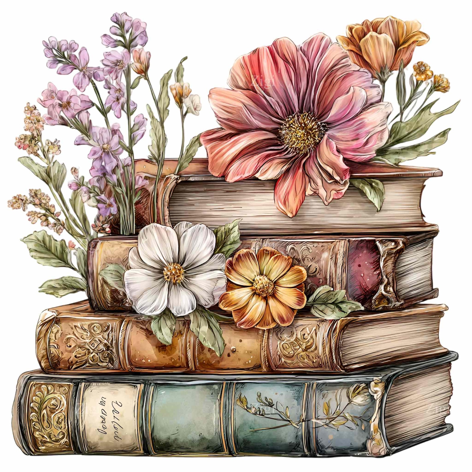12 PNG Vintage Books Flowers Clipart – Botanical Book Stack ...