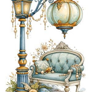 May include: A blue and gold street lamp with hanging pearl-like beads and a rounded lantern, paired with a tufted blue settee featuring gold accents, a patterned throw pillow, and decorative shells at the base, all rendered in a watercolor style.