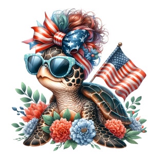 10 tortugas patrióticas PNG, tortuga del 4 de julio con gafas de sol y bandera, descarga digital de verano
