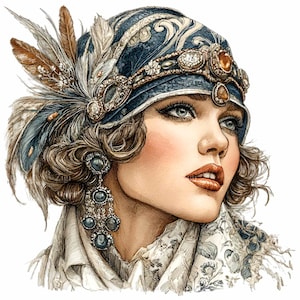 May include: Watercolor illustration of a woman in vintage attire. She wears a blue and white patterned headpiece adorned with jewels and feathers. Her makeup includes rosy cheeks and red lipstick. She also wears dangling earrings.
