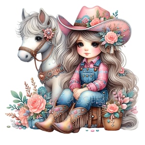 Cowgirl Clip Art, 14 PNG Clipart cheval, clipart poney, fille turquoise, ferme de l'Ouest, chemise de professeur, sublimation mug gobelet, planificateur