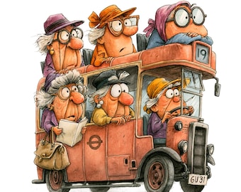 14 PNG Funny London Bus Trip, Travel Illustration Clipart