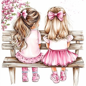 16 JPEG ベンチに座る二人の女の子 JPEG クリップアート - ピンクの服を着たかわいい子供のイラスト、工芸、印刷物、プロジェクト用