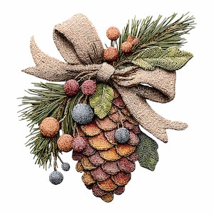 May include: A decorative pinecone ornament with a burlap bow, green pine needles, and colorful berries. The pinecone is composed of textured, overlapping scales in shades of orange, red, and brown. The berries are in shades of red, orange, and blue.