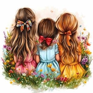 27 JPEG Tre ragazze con capelli lunghi e fiocchi in un campo di fiori selvatici, abiti colorati, illustrazione clipart JPEG disegnata a mano