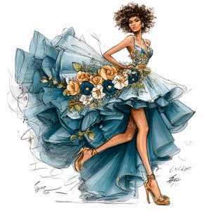 Könnte beinhalten: Illustration einer Frau in einem fließenden, hellblauen Kleid mit floralen Akzenten in Gelb, Weiß und Marineblau. Das Kleid hat gerüschte Schichten und einen High-Low-Saum. Die Frau trägt goldene Absätze.