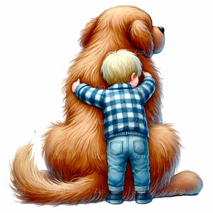 15 PNG Garçon serrant un gros chien dans ses bras PNG Clipart | Art numérique pour tout-petits et chiots | Illustration mignonne d'amitié | Conception par sublimation